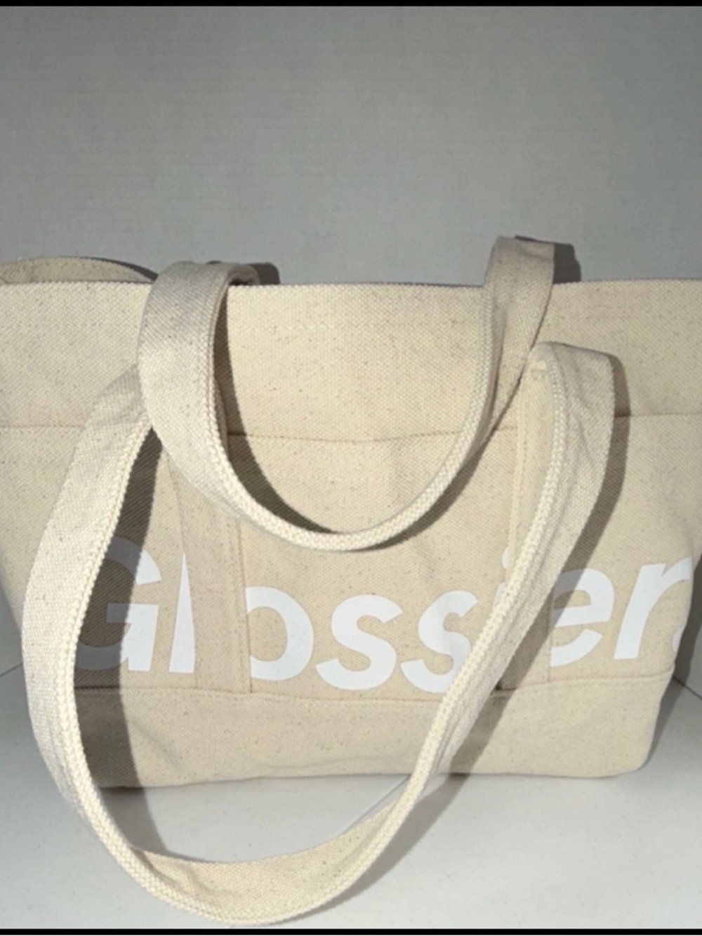 Glossier Cream Canvas Tote with White Logo